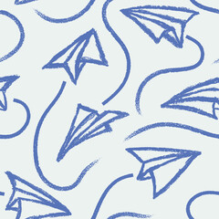 Hand drawn cute  paper airplane with route line path on crayon brush style.