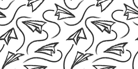 Hand drawn cute  paper airplane with route line path on crayon brush style.