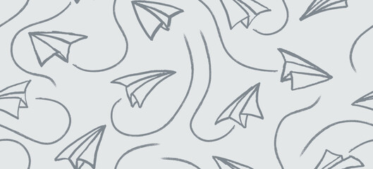 Hand drawn cute  paper airplane with route line path on crayon brush style.