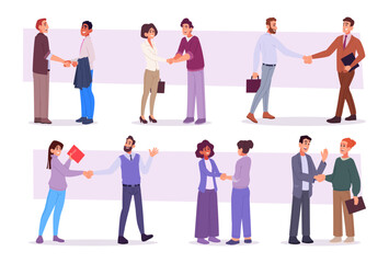 Handshake people. Business connection meeting handshake gestures exact vector business concept illustrations