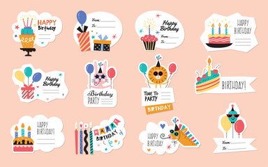 Paryt badges. Celebration birthday stickers set recent vector templates in flat style