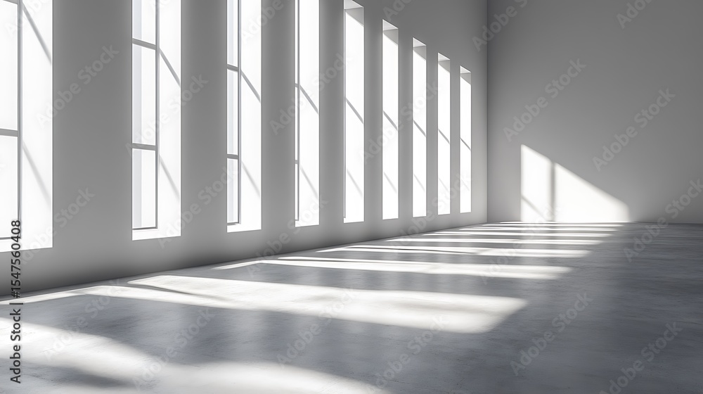 Poster empty white room with sunlight streaming through tall windows creating patterned shadows on concrete