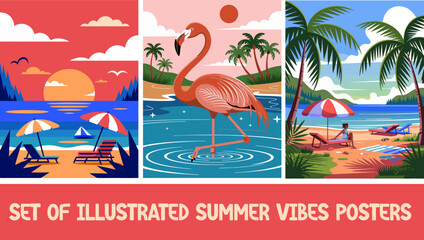 Set of illustrated summer vibes posters flyers prints