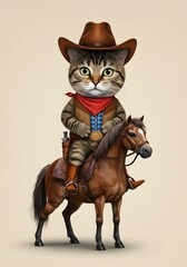 Funny Cat Cowboy Riding Horse: Western Cartoon Illustration