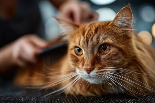 Maine Coon cat being groomed in a well-lit indoor setting during the afternoon, showing attention and care in pet maintenance
