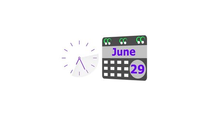 June month 29 date calendar icon  and  purple color clock animation. Digital calendar month concept design on White background.