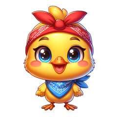 Cute Cartoon Chick with Bandana: A vibrant, illustrated cartoon chick with a cheerful demeanor, adorned with a stylish bandana. Perfect for children’s themes and cheerful designs.