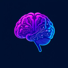 A stylized brain illustration with circuit board patterns in shades of purple and blue on a dark background