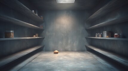 Empty pantry reflecting food shortage and hunger crisis urban home photo of bare shelves somber environment