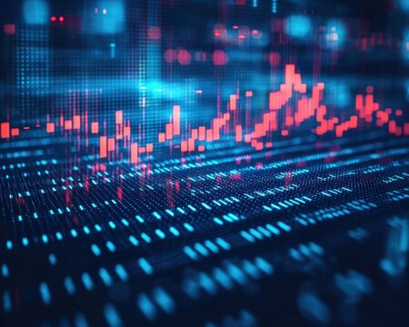 Digital financial chart with glowing data points and graph lines in blue and pink tones