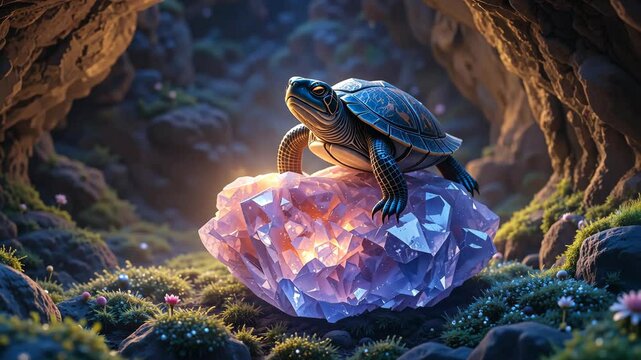 Fantasy turtle with detailed shell sitting on large glowing amethyst crystal in mystical forest setting. Magical fantasy concept