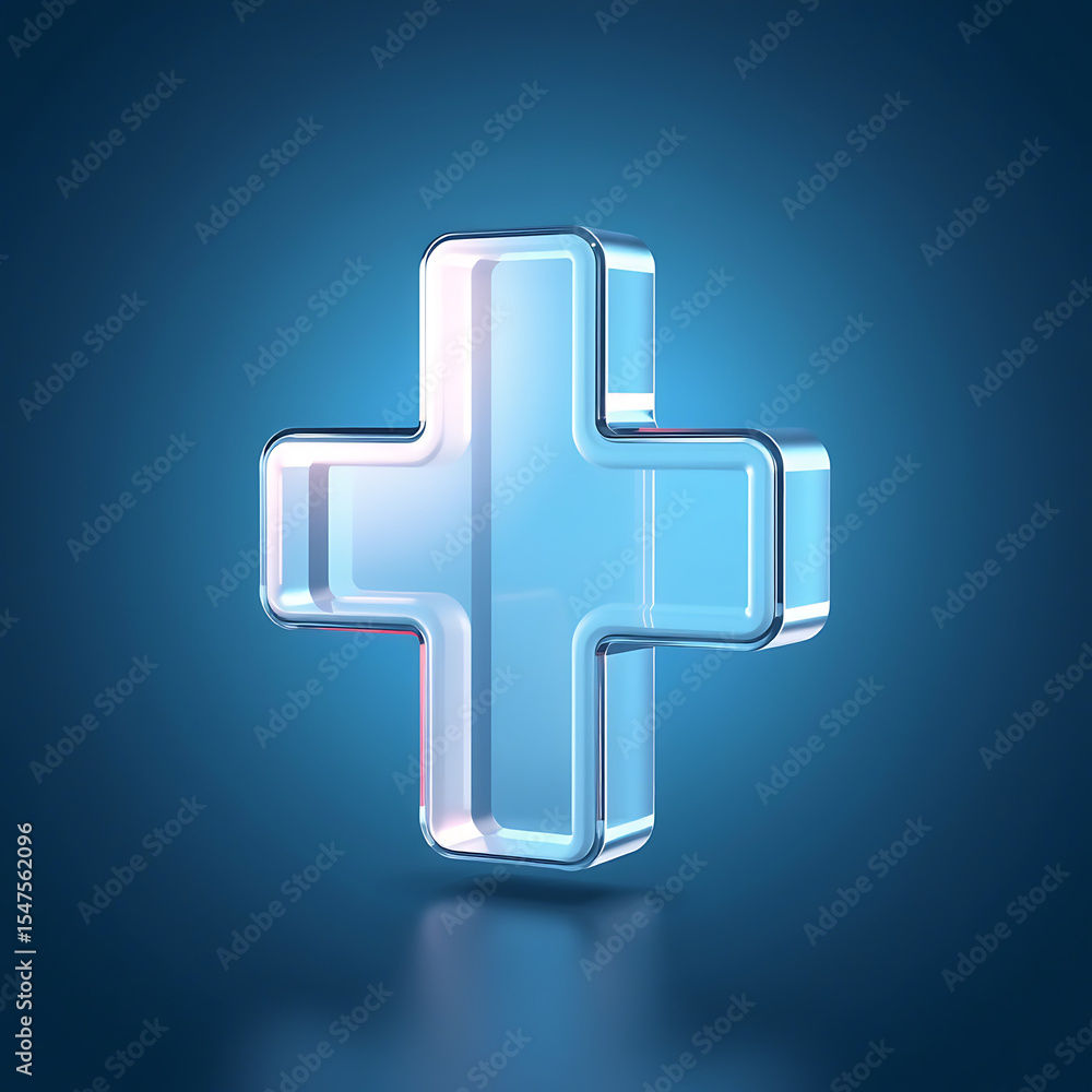 Poster a translucent blue plus sign with rounded edges floating against a dark blue gradient background