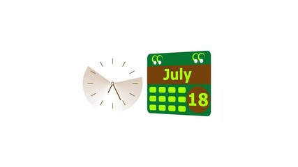july month 18 date calendar icon and  lime green color clock animation. Digital calendar month concept design on White background.