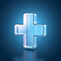 Obraz premium A translucent blue plus sign with rounded edges floating against a dark blue gradient background