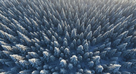 Aerial view of snow covered evergreen forest in the winter wonderland. Snow covered tree from above