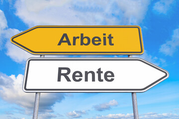Wegweiser - Arbeit - Rente - Himmel - Wolken