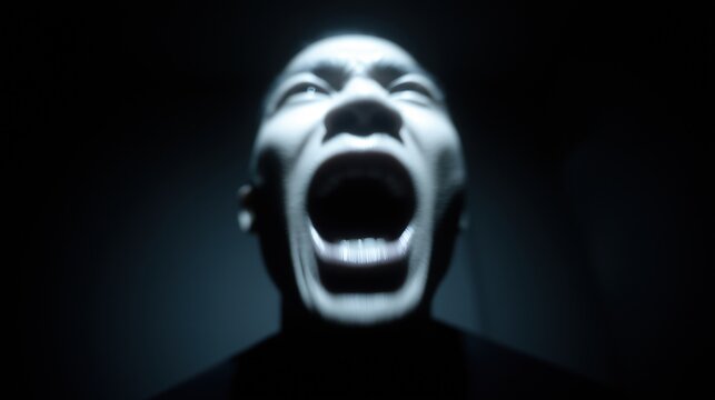 Visage hurlant dans l'obscurite, portrait dramatique en clair-obscur