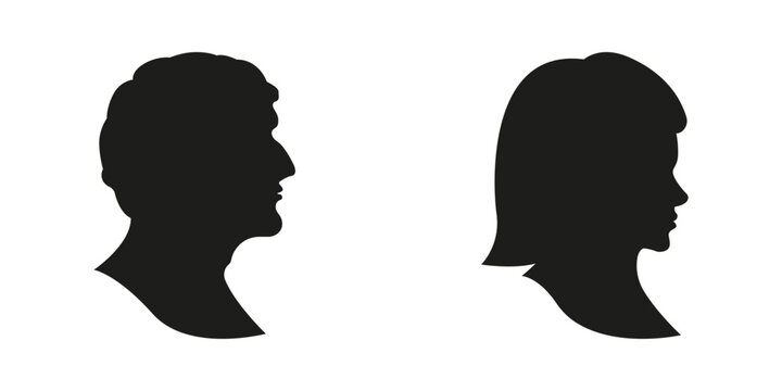 Male And Female Silhouette Profiles Solid Icon Set. Gender Representation And Identity Silhouette Symbol Collection. Human Profile Silhouettes For Social Media. Isolated Vector Illustration