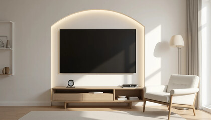 Mockup a cabinet television with decoration in minimalist room on background- 3D rendering 
