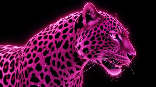 neon leopard on black background. Bright pink color, artistic digital art, fantasy animal, leopard print. 4k video