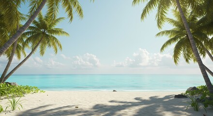 Obraz premium A tropical paradise: a stunning view of a beach framed by swaying palm trees and the clear, turquoise ocean. The perfect escape from everyday life