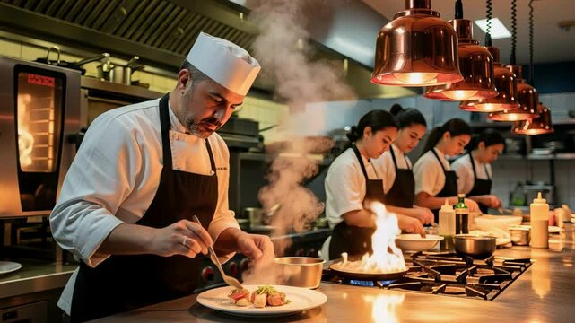 Steam rises while the team cooks, team moves in rhythm, team plates dishes with flawless timing. Concept coordinated service.