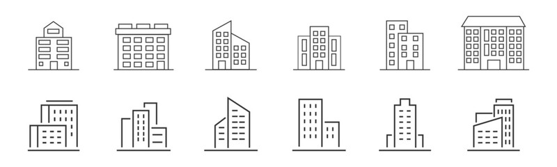 building line icon vector set. Pictograms multistorey houses, urban architecture, skyscrapers.