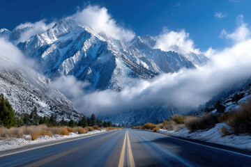 Mountain road surrounded by snow-capped peaks and clouds on a clear day in early morning light