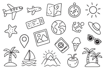 Summer travel vacation drawn icon set. Beach vacation travelling concept isolated on white background. Funny tourism vector illustration. Doodle set of summer icon symbol hand drawn vector illustratio