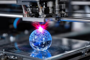 3D printing technology creating a glass sphere with intricate designs and vibrant colors in action