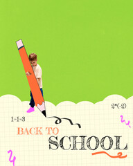 A small boy drags a giant cartoon pencil along a notebook-paper path with scribbles and quirky math...