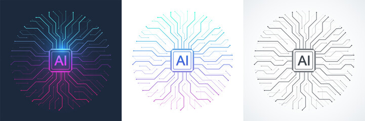 Artificial intelligence icon, sign, logo in the circuit line style. AI processor vector icon flat design. Motherboard digital chip AI. Machine learning design