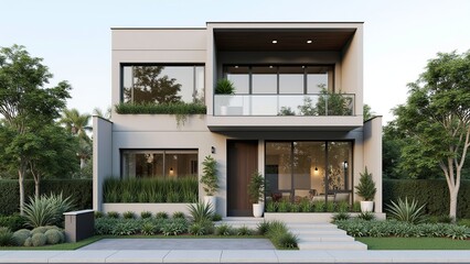 Modern two-story home with large windows and manicured landscaping, exuding contemporary elegance and curb appeal in a serene neighborhood.