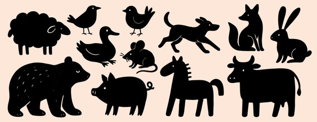 Naklejka premium Silhouette of various animals sheep, birds, duck, mouse, fox, rabbit, bear, pig, horse, cow, black shapes on beige vector set element, isolated on beige.