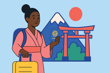 A young Black woman in traditional Japanese clothing holding passport and luggage. Ideal for travel, Japan tourism, cultural diversity themes. Simple flat vector illustration. 