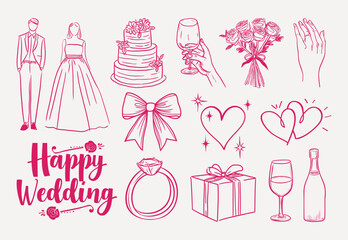Elegant wedding celebration icons, isolated vector set