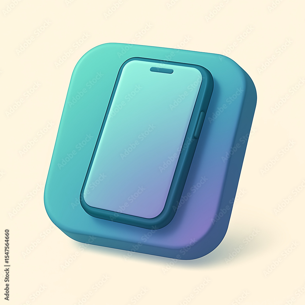 Poster a stylized phone on a rounded square platform with a gradient from turquoise to purple color palette