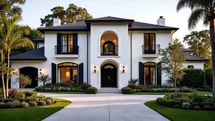 Elegant two-story home with white exterior, arched entryway, black accents and lush landscaping. Timeless architecture meets modern luxury.
