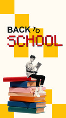 Bold collage with boy reads while sitting on a tall stack of multicolored books, with digital-style text and bold yellow blocks behind him. Back-to-school campaigns