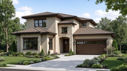 Fototapeta premium Elegant two-story home with stone accents and a well-manicured lawn under a bright blue sky, displaying classic architecture.