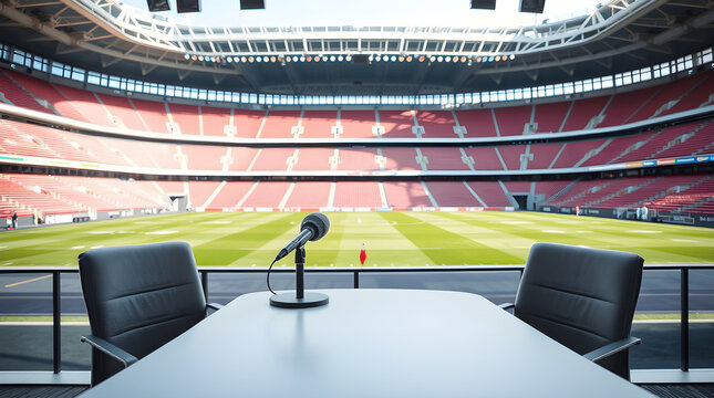 Microphone stands on table in press box overlooking empty stadium before soccer game