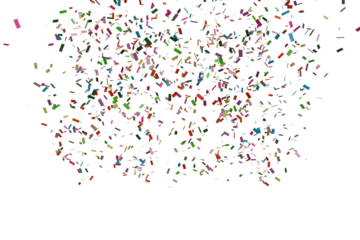 dense cluster of multicolored, fragmented shapes resembling confetti or pixels, the concentration is higher at the center, gradually thinning towards the edges, creating a dynamic, explosive effect