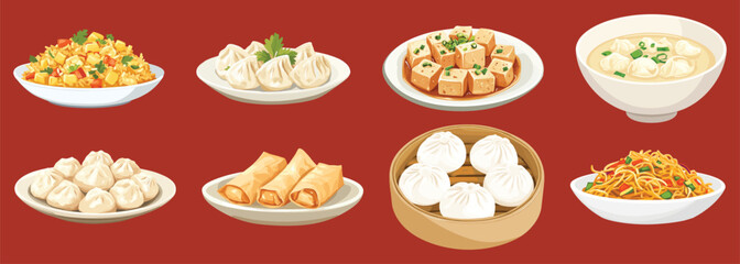 Illustration of various international dishes, including salads, meats, and desserts, vector set