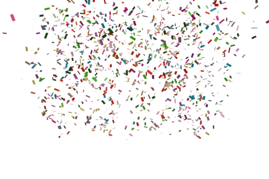 dense cluster of multicolored, fragmented shapes resembling confetti or pixels, the concentration is higher at the center, gradually thinning towards the edges, creating a dynamic, explosive effect