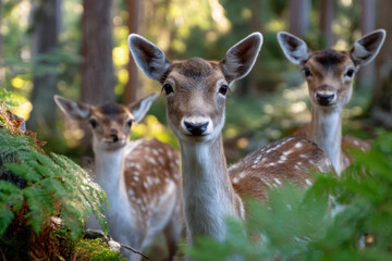 Fototapeta premium Three graceful deer curiously observe in a lush forest during a sunny afternoon