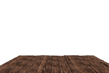 Dark brown wooden planks form a perspective floor against a completely.  The planks are worn and show their grain. The image is simple and minimalist