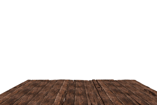 Dark brown wooden planks form a perspective floor against a completely.  The planks are worn and show their grain. The image is simple and minimalist