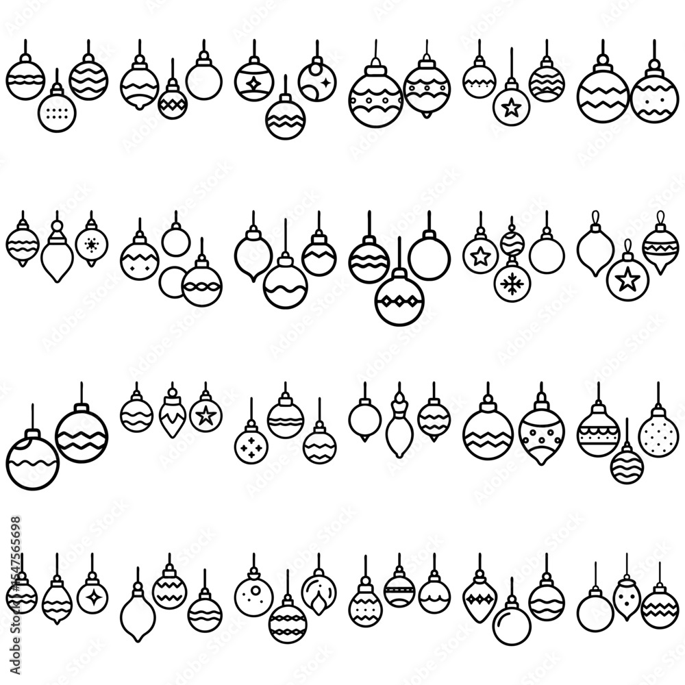 Poster illustration of multiple rows of christmas ornaments with different designs and shapes hanging from 
