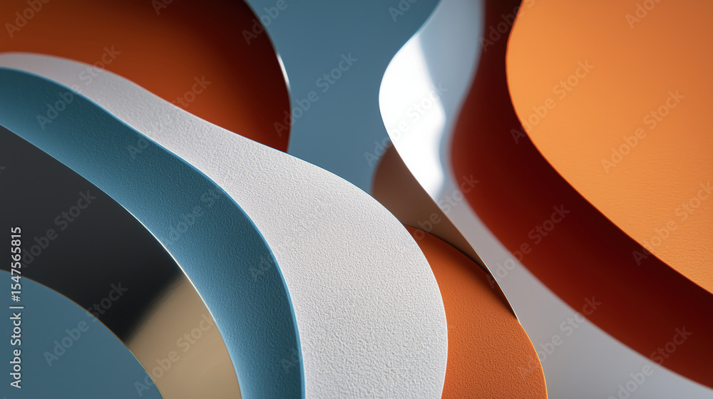 Fototapete bold abstract composition features layered paper like shapes in blue, white, and orange, creating dy