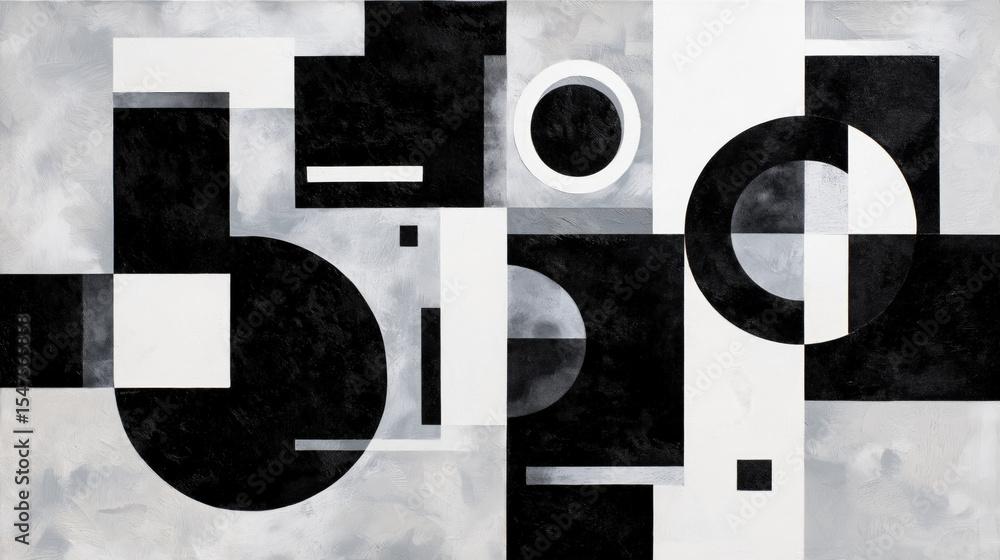 Poster bold interplay of black and white shapes forms striking abstract composition, featuring circles, rec